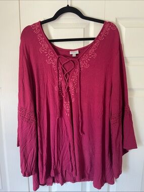 Boho Lace-Up Knit Tunic Top - Wine Pink